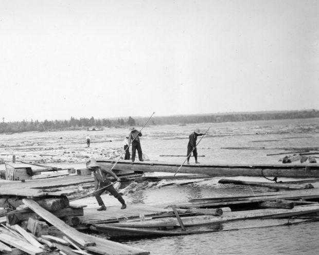 Une photo en noir et blanc montre des piles de bois d’œuvre qui s’étendent le long d’une voie ferrée.
