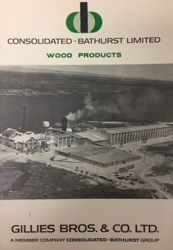 Page couverture d’un catalogue des produits de bois Consolidated-Bathurst Limited, émis par Gillies Bros. Co. Limited, montrant la scierie, les séchoirs à bois et la rivière en arrière-plan.