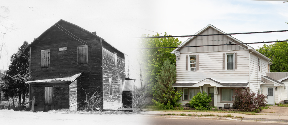 Deux photos sont juxtaposées. Celle de gauche, en noir et blanc, représente une ancienne bâtisse faite de bois et celle de droite, en couleur, représente la même bâtisse avec revêtement extérieur et entrée latérale.