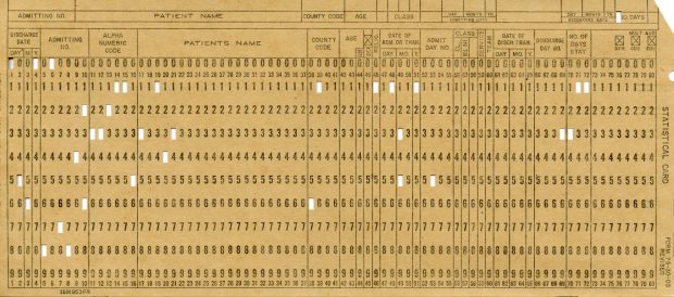 Image scannée d’une carte poinçonnée étiquetée « Carte statistique ». Plusieurs trous ont été poinçonnés.