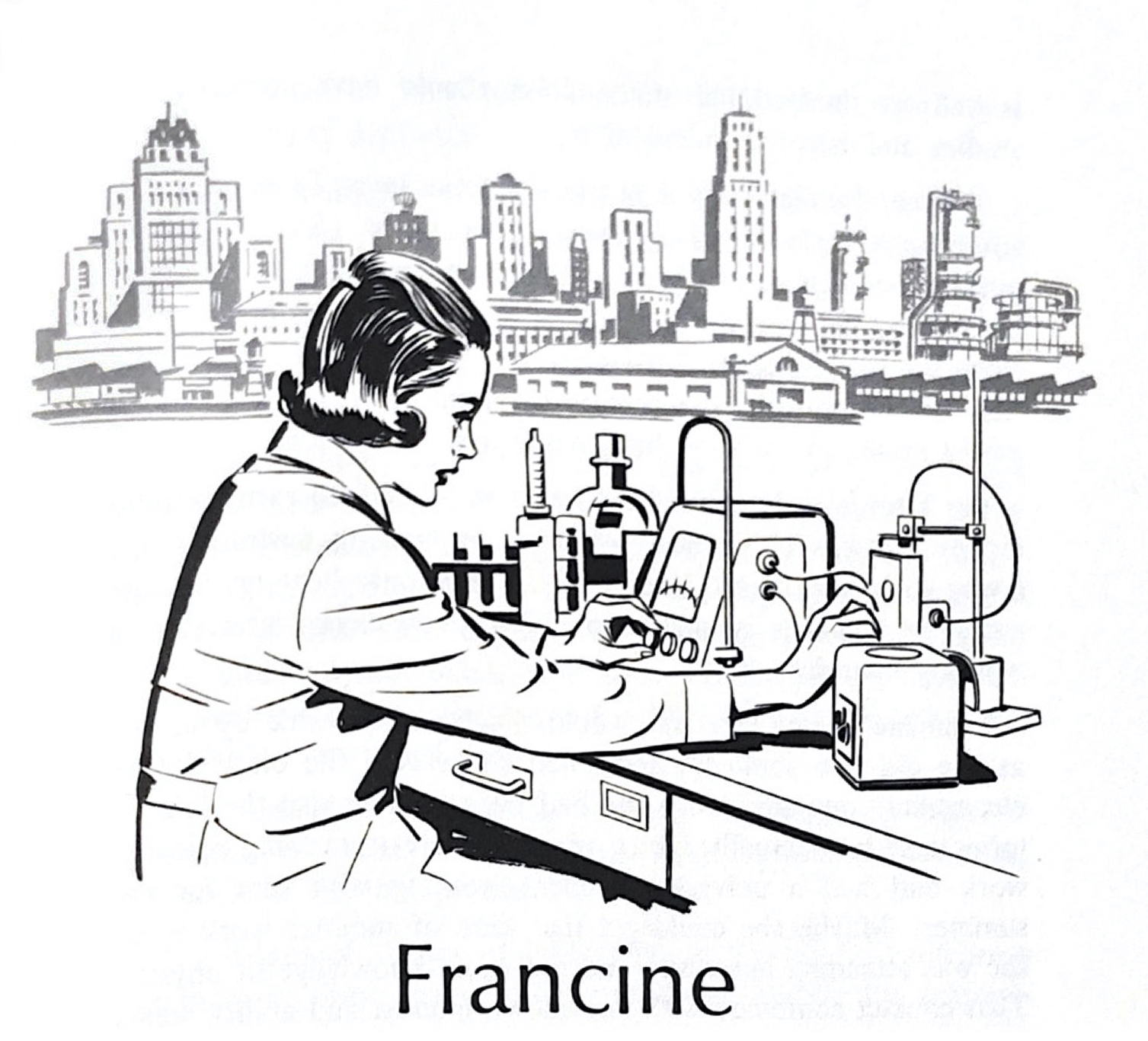 Dessin stylisé d’une jeune femme en sarrau de laboratoire faisant fonctionner des appareils scientifiques. L’étiquette en dessous se lit « Francine ».