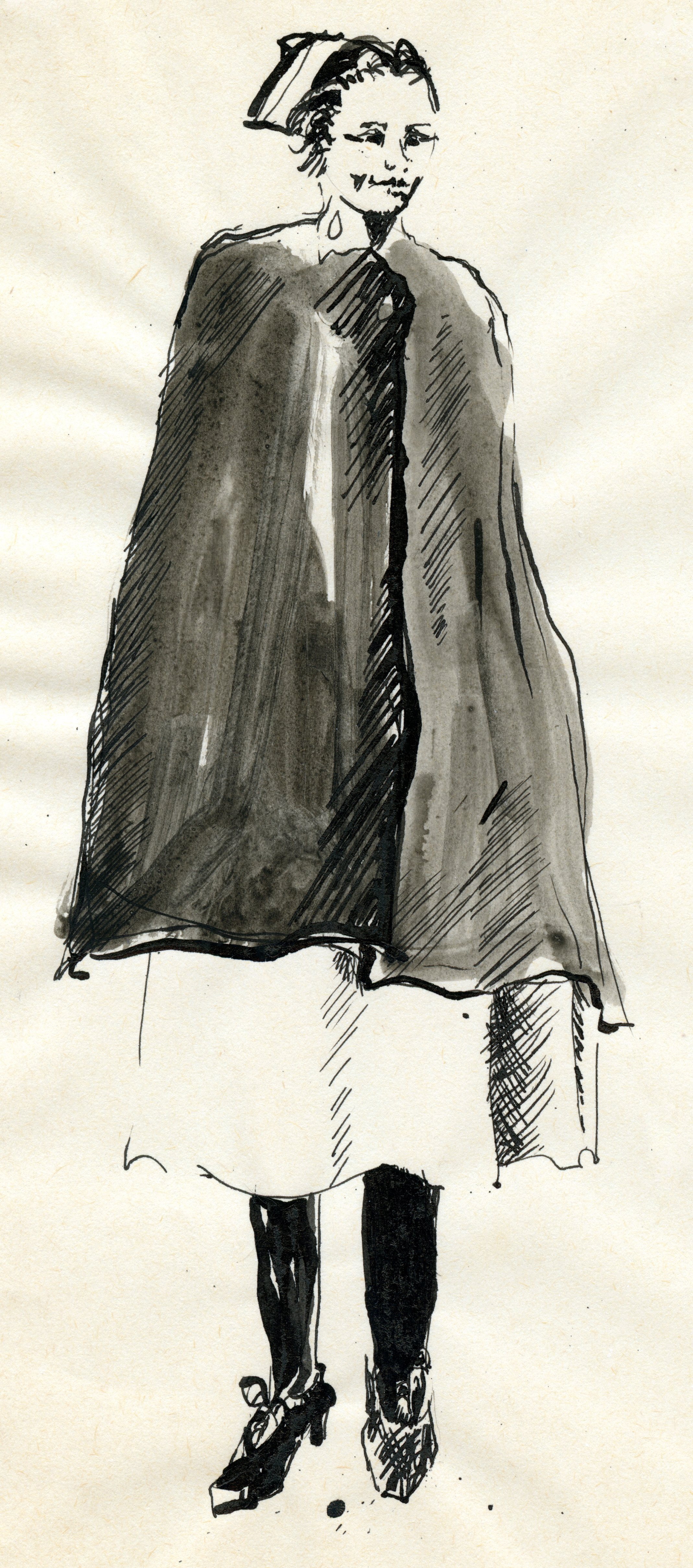 Croquis d’une infirmière en uniforme, avec cape.