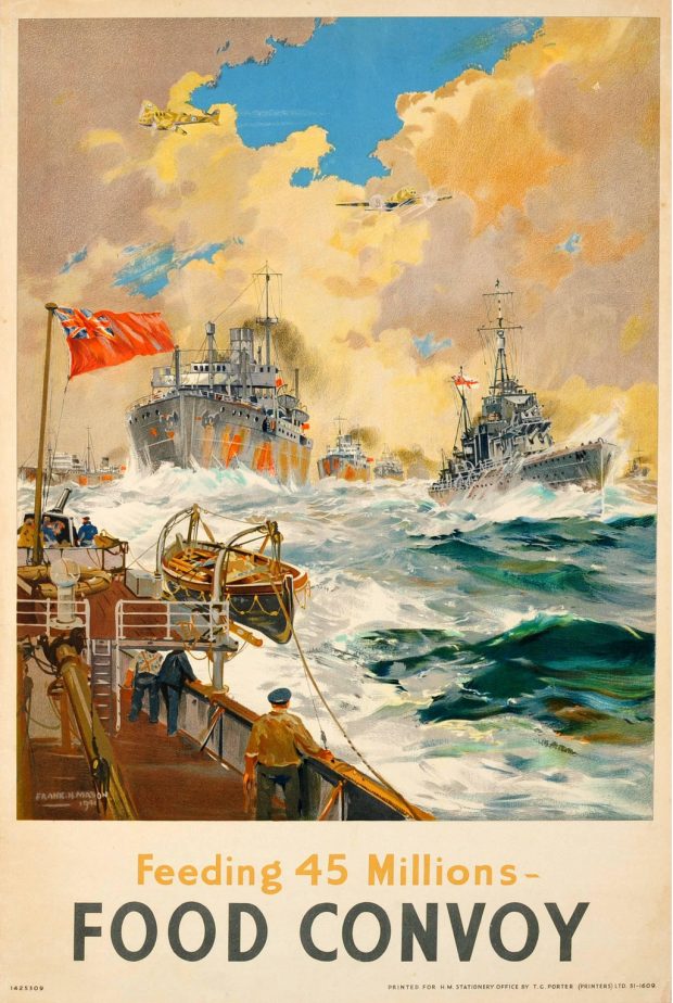 affiche montrant un convoi de navires marchands accompagnés d’une escorte navale