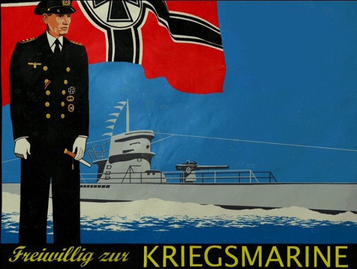 Une affiche de recrutement de la marine allemande montrant un officier de la marine, un drapeau et un U-boot