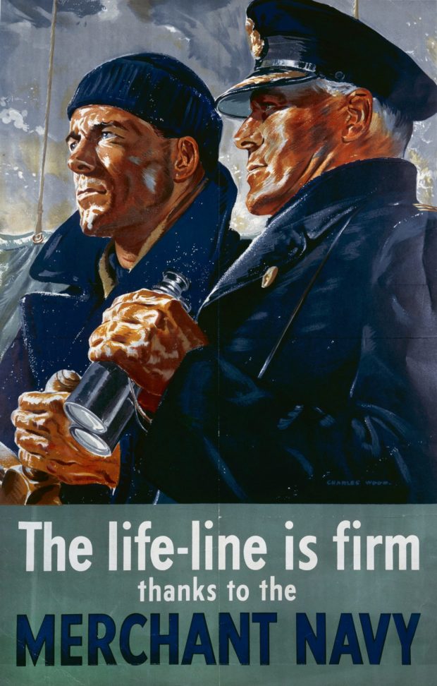 Une affiche de recrutement de la marine marchande britannique montrant un officier et un capitaine de navire