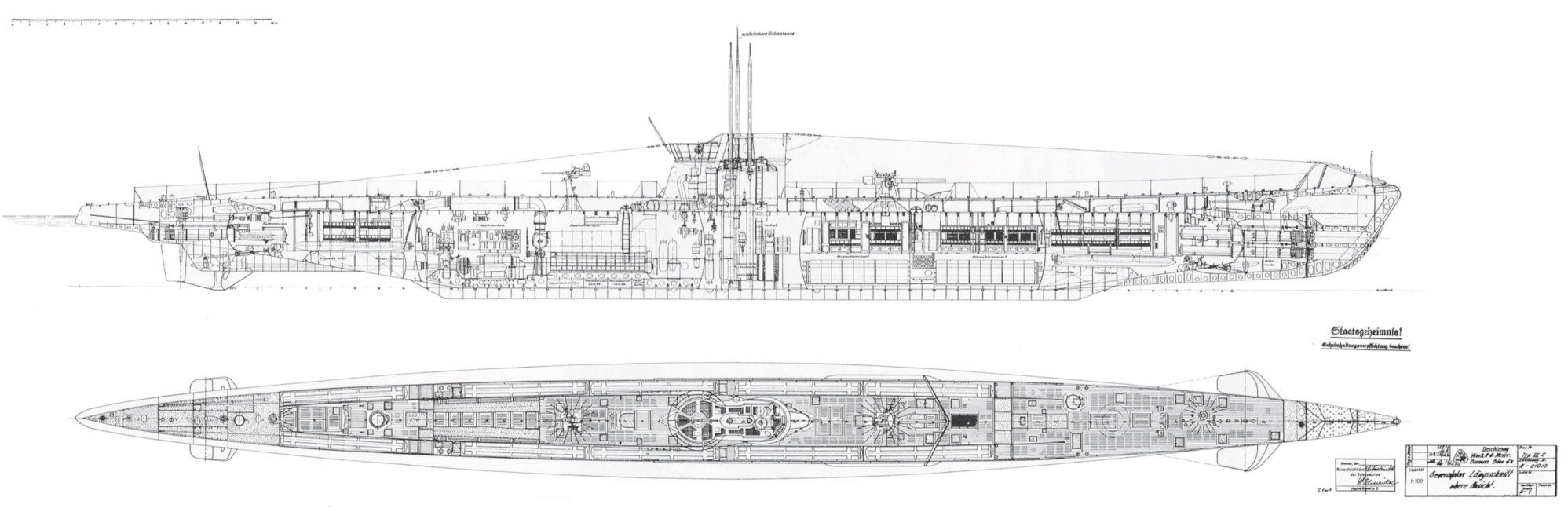 Plans de côté et de dessus d’un sous-marin allemand