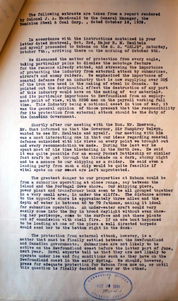 Rapport dactylographié de 1939 sur la nécessité d’une défense côtière de Bell Island