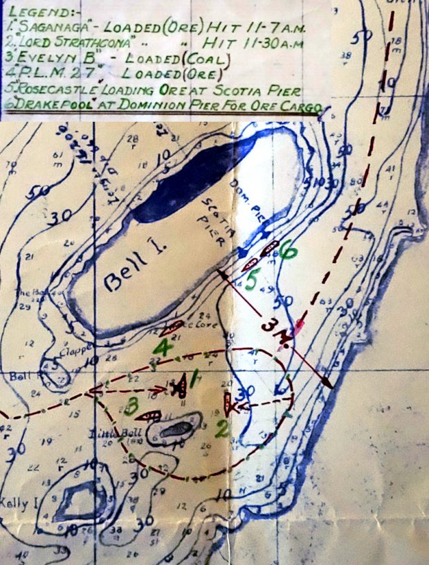 Carte de la première attaque par un U-boot à Bell Island, montrant la position de 6 navires, la trajectoire du U-boot et les quais de chargement à Bell Island
