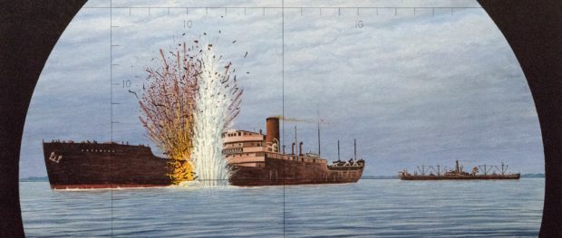 peinture d'un navire avec une torpille explosant sur le côté