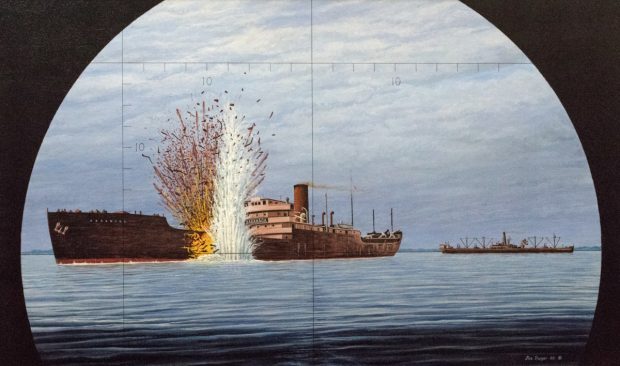 peinture d’un navire marchand avec une torpille explosant dans son flanc