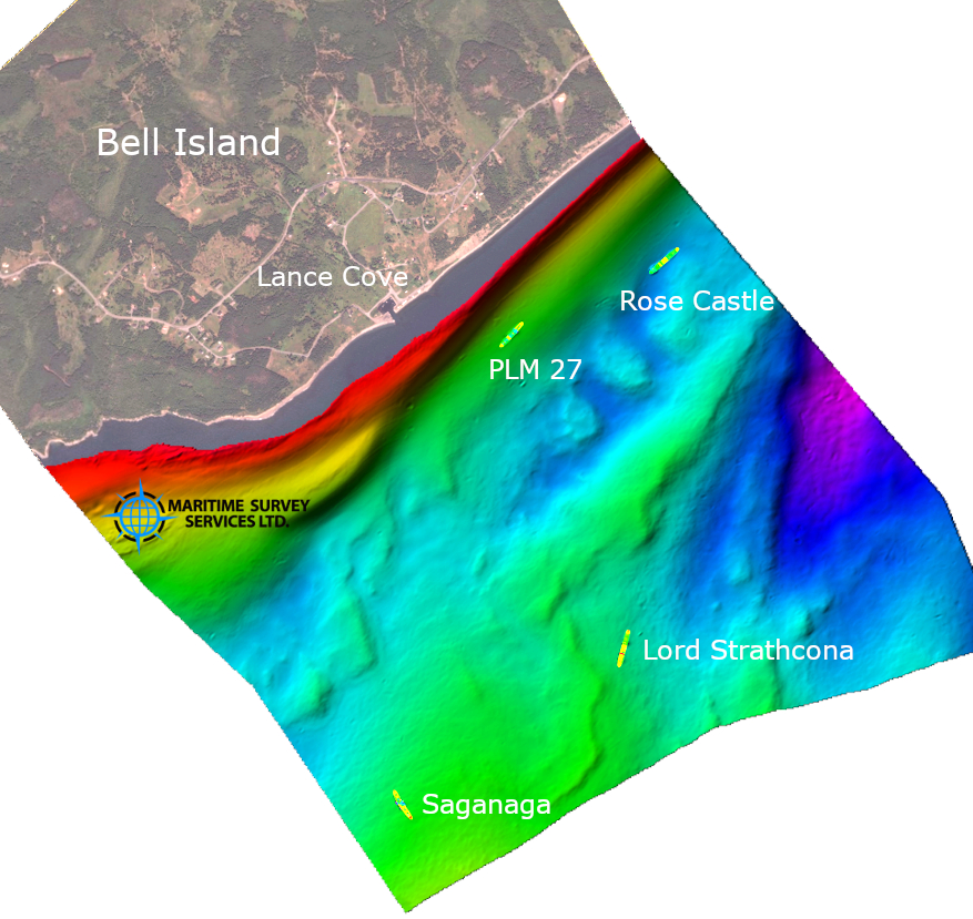 Image sonar multicolore des quatre épaves et du fond marin près de Bell Island