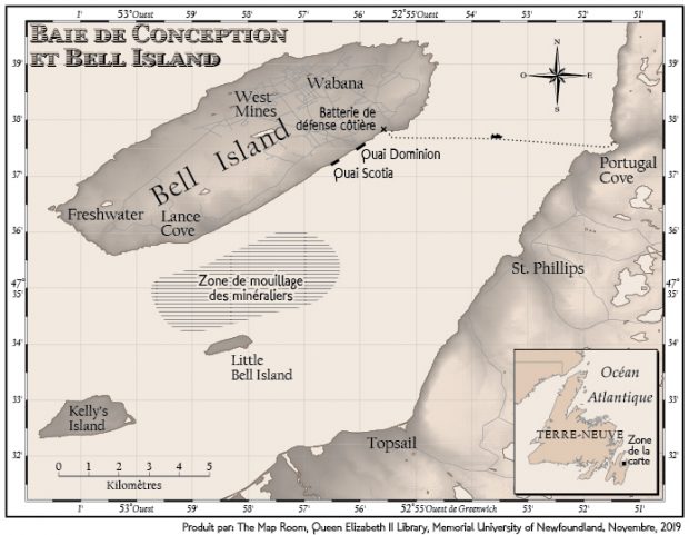 Carte sépia de Bell Island et de la Baie de Conception, Terre-Neuve