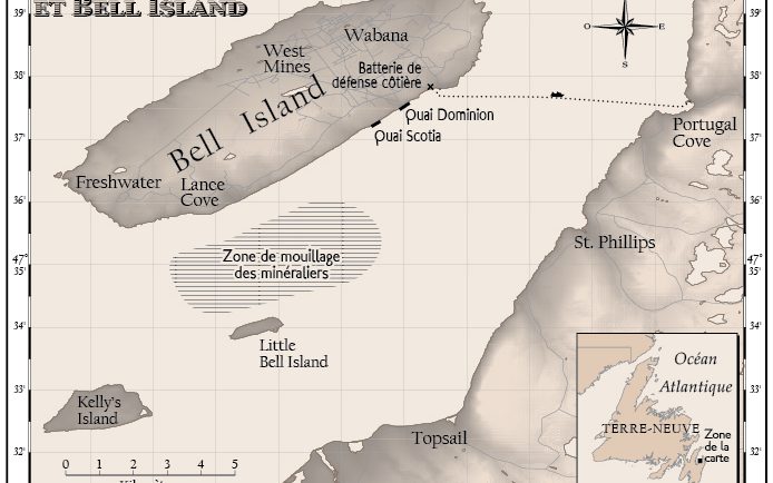 Carte sépia de Bell Island et de la Baie de Conception, Terre-Neuve