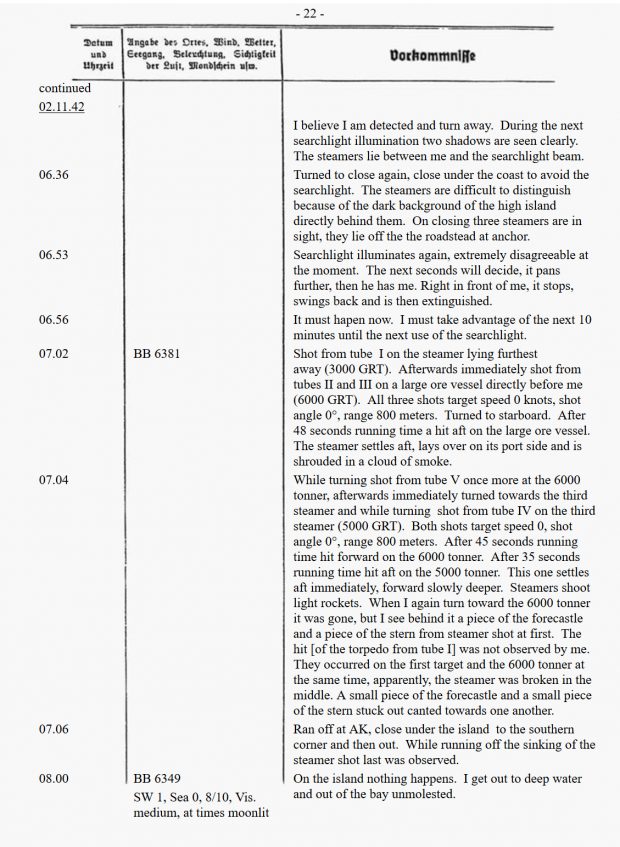 image du journal de bord d’un U-boot (traduction anglaise) pour les attaques du 2 novembre 1942