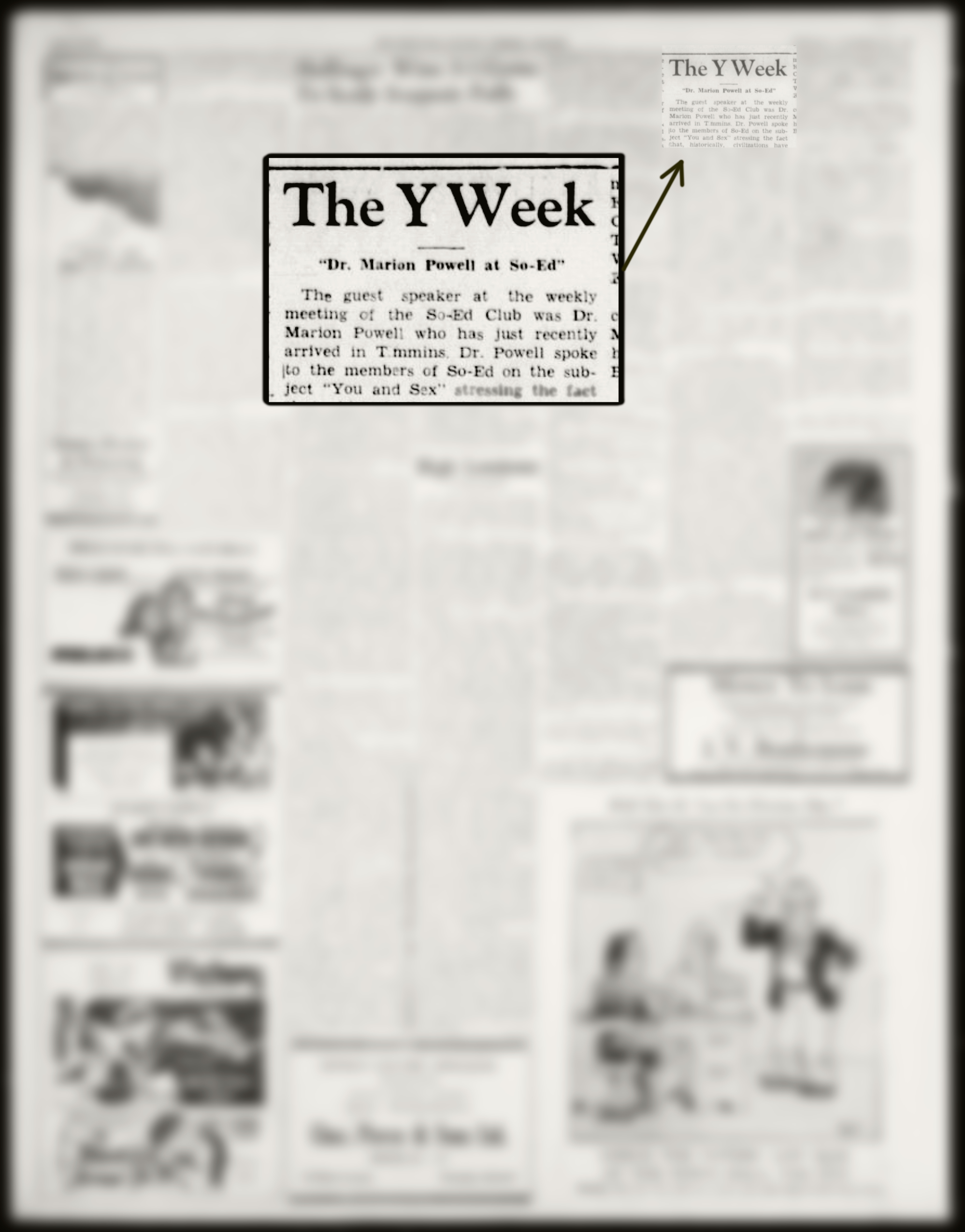 Page de journal noire et blanche présentant une portion agrandie d’un article mis en évidence par un rectangle.