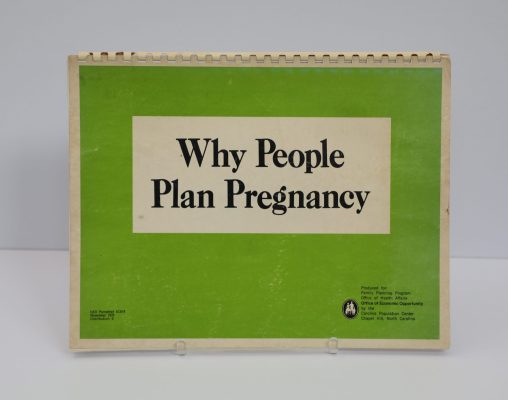 Couverture d’un petit livre à reliure spirale en haut. L’arrière-plan est d’un vert vif et au centre se trouve un rectangle blanc portant le titre en anglais « Why People Plan Pregnancy » en caractères noirs gras prédominants.
