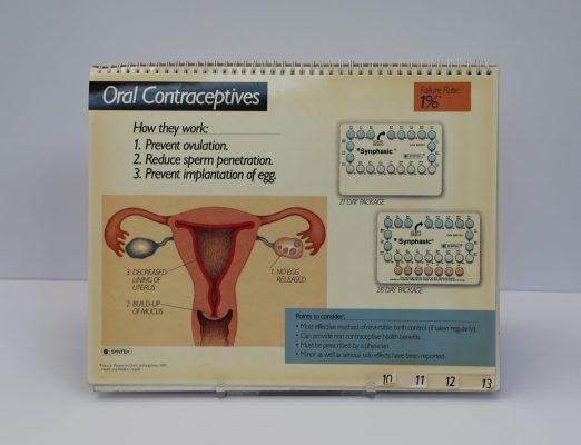 Page pédagogique sur les contraceptifs oraux avec texte, illustrations de l’appareil reproducteur féminin et des bôites de pilules anticonceptionnelles.