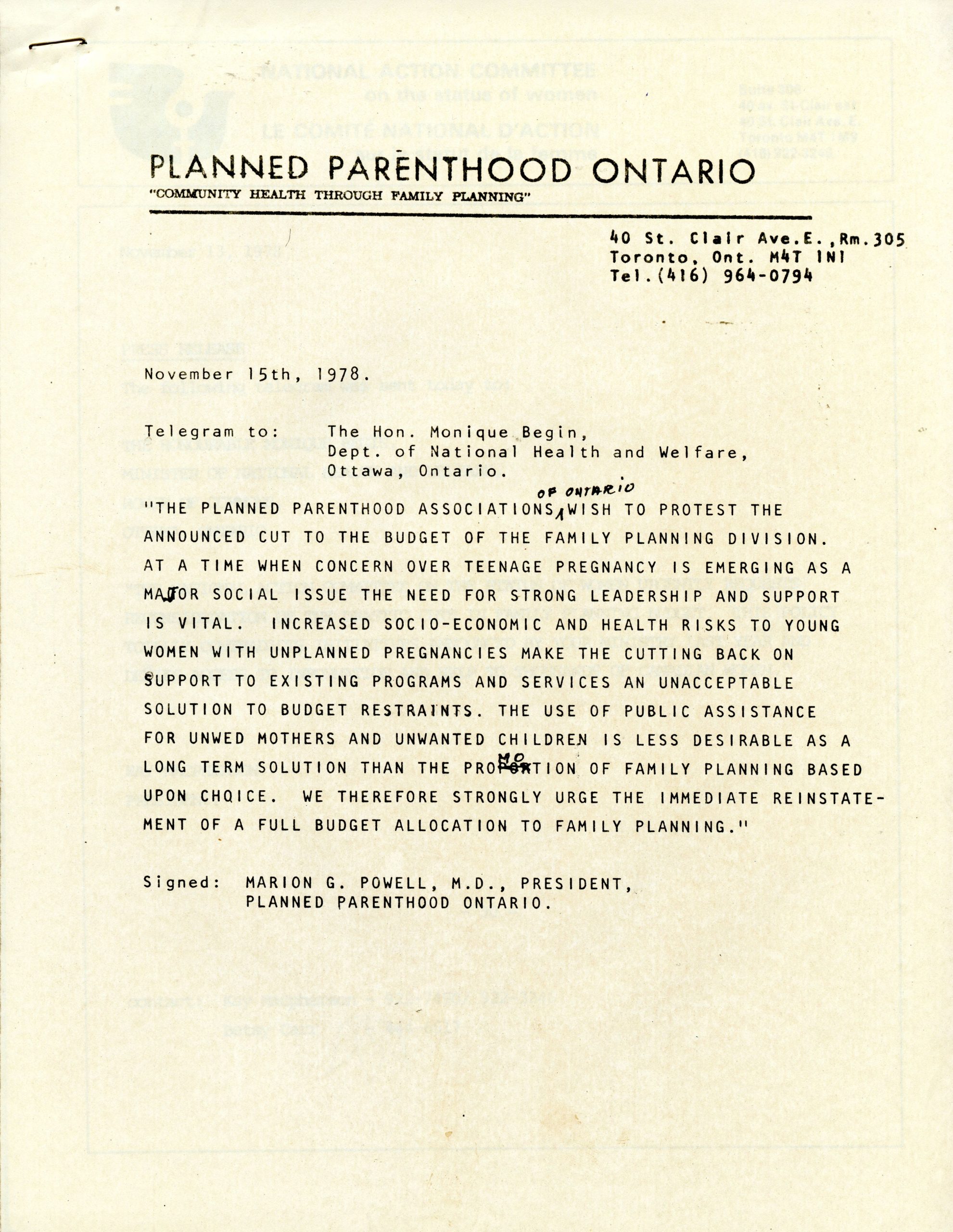 Télégramme dactylographié sur du papier ordinaire de couleur jaunâtre. On y voit l’en-tête de Planned Parenthood Ontario au milieu de la page en haut, suivi de son slogan : Community Health Through Family Planning (Santé communautaire par le biais de la planification familiale).