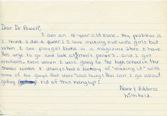 Lettre manuscrite à l’encre bleue imprimée sur du papier blanc ligné. La lettre s’adresse à la Dre Powell et pose une question sur la sexualité.
