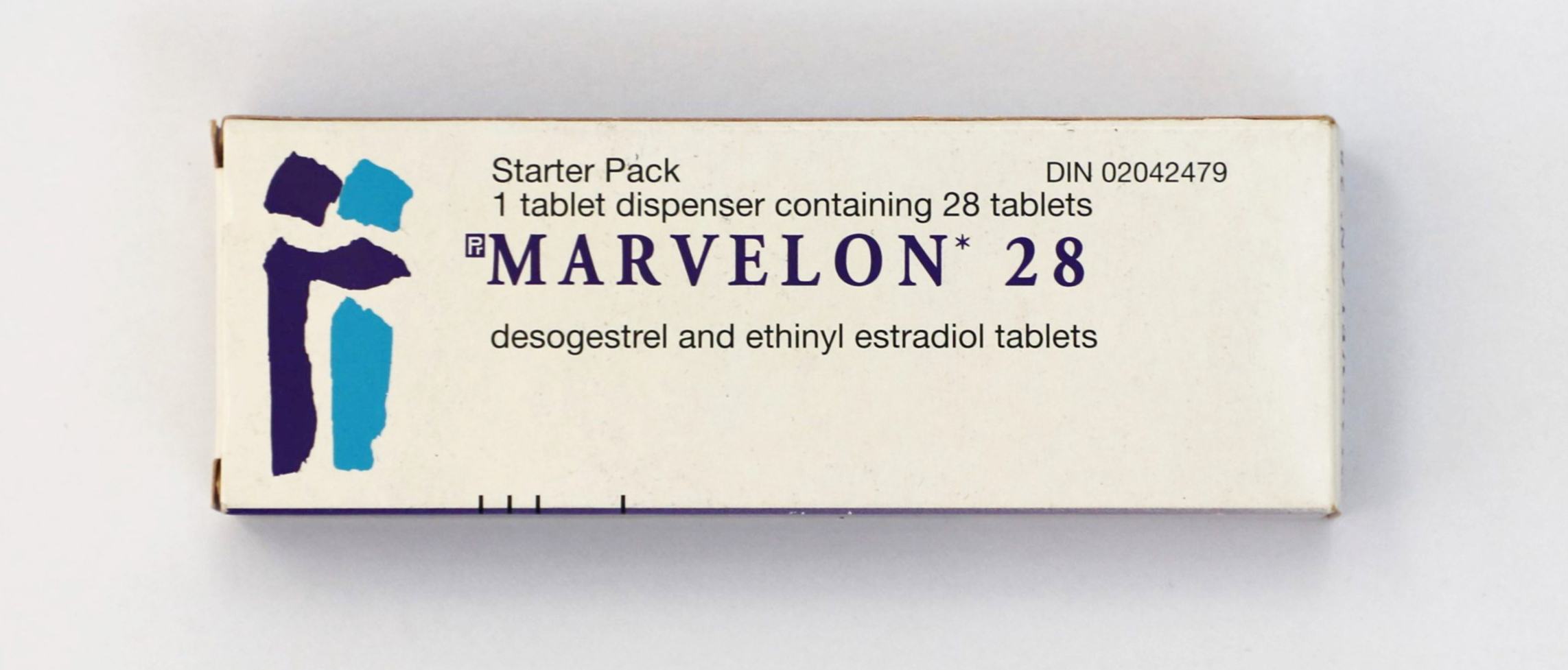 A rectangular box of medication against a plain light gray background. The box is white with purple and blue graphics on the left side. The text on the box reads MARVELON 28.  