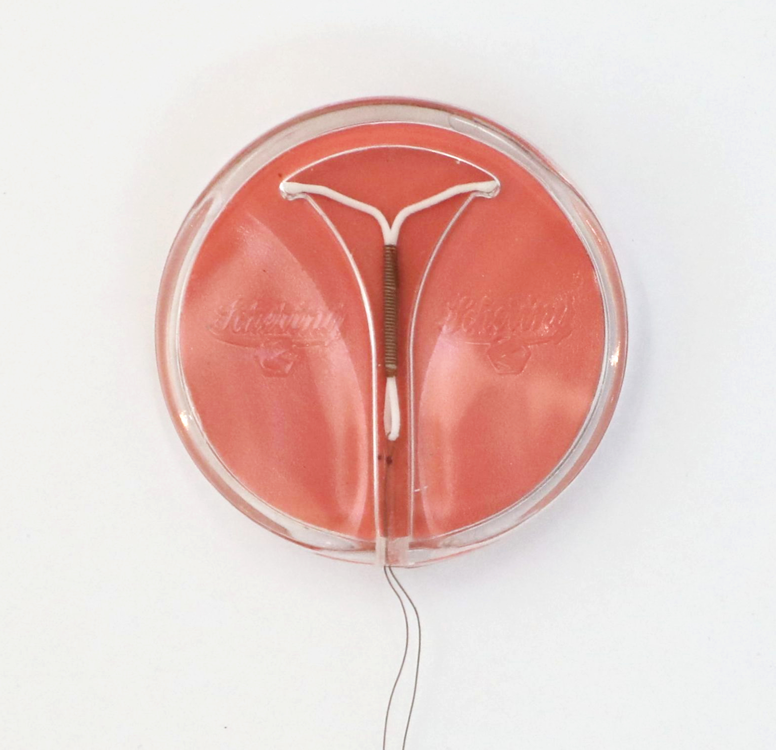Contenant rond en plastique transparent avec intérieur rose. À l’intérieur du contenant se trouve un objet en forme de T. Un fil métallique s’enroule autour de la tige verticale de l’objet et deux ficelles minces d’étendent de la base de la tige vers l’extérieur. 