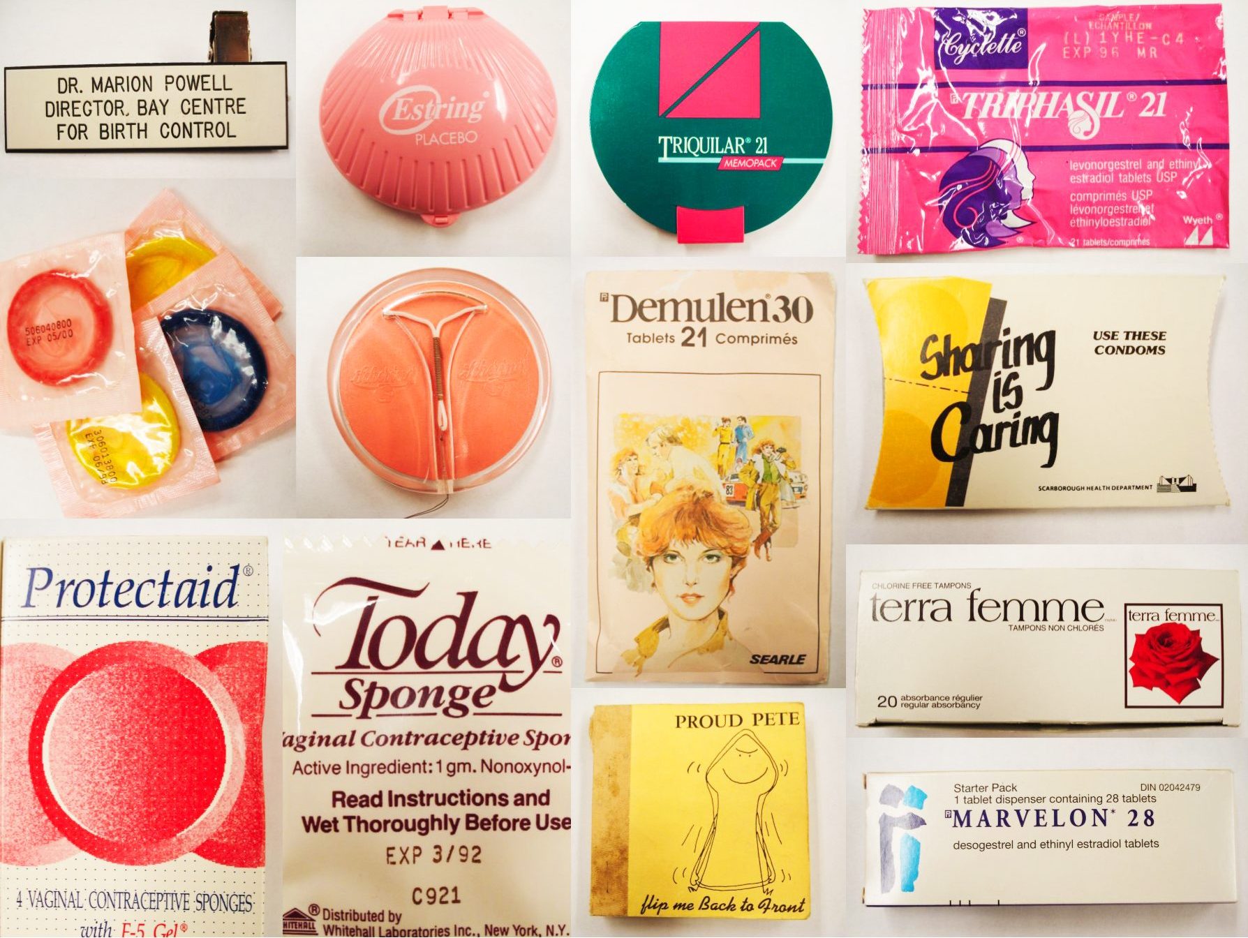 Collection de produits contraceptifs d’époque disposés avec soin sur une surface plane. Parmi les articles figurent des boîtes de pilules, des éponges contraceptives, des condoms, des emballages de produits aux motifs divers et un porte-nom se lisant Dre Marion Powell. Les couleurs vont du rouge vif au blanc cassé discret en passant par le rose et le jaune. Chaque produit porte une étiquette ou un nom de marque.