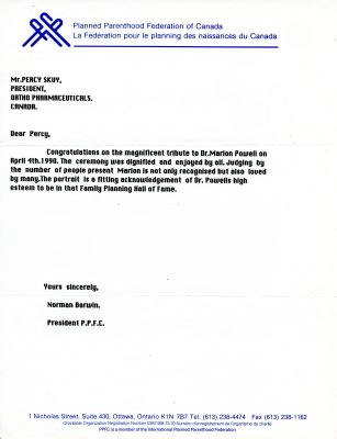 Letter on official letterhead of the Planned Parenthood Federation of Canada. The letterhead features two blue lines with the organization's name in both English and French on the top left. The content of the letter is typed in black text. 
