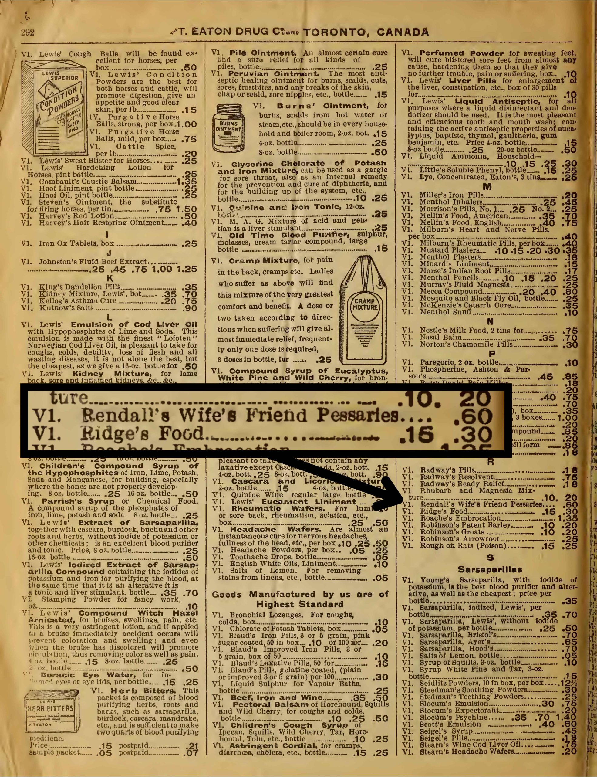 Page jaunie d’un vieux catalogue de la chaîne de magasins Eaton. L’arrière-plan est brun pâle et porte un petit texte disposé en colonnes incluant une liste de produits et les prix. Au centre de la page, une flèche noire pointe vers une section surlignée d’une bordure noire où sont présentés les pessaires de Rendall [RENDELL'S] au prix de 60 cents.