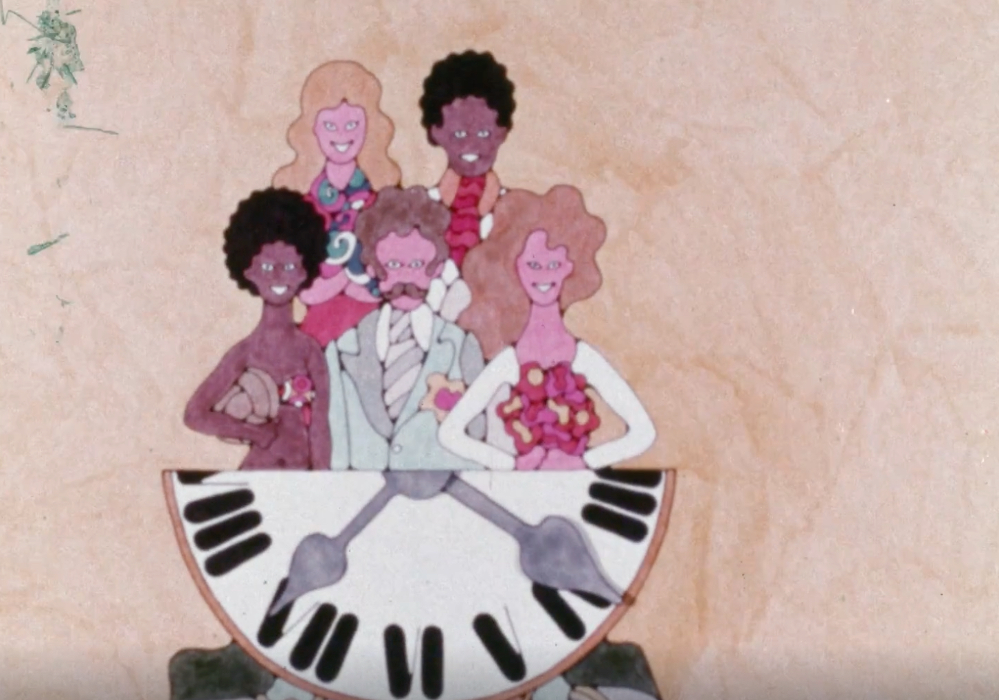 Illustration de dessin animé de cinq personnages situés au-dessus d’une horloge.