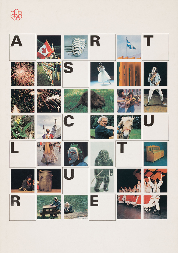 Sur la page couverture blanche d’un livre, les lettres formant les mots, arts et culture, s’intercalent entre des images variées et colorées. Les images illustrent ces thèmes. Le logo rouge des Jeux de Montréal figure en haut à gauche.