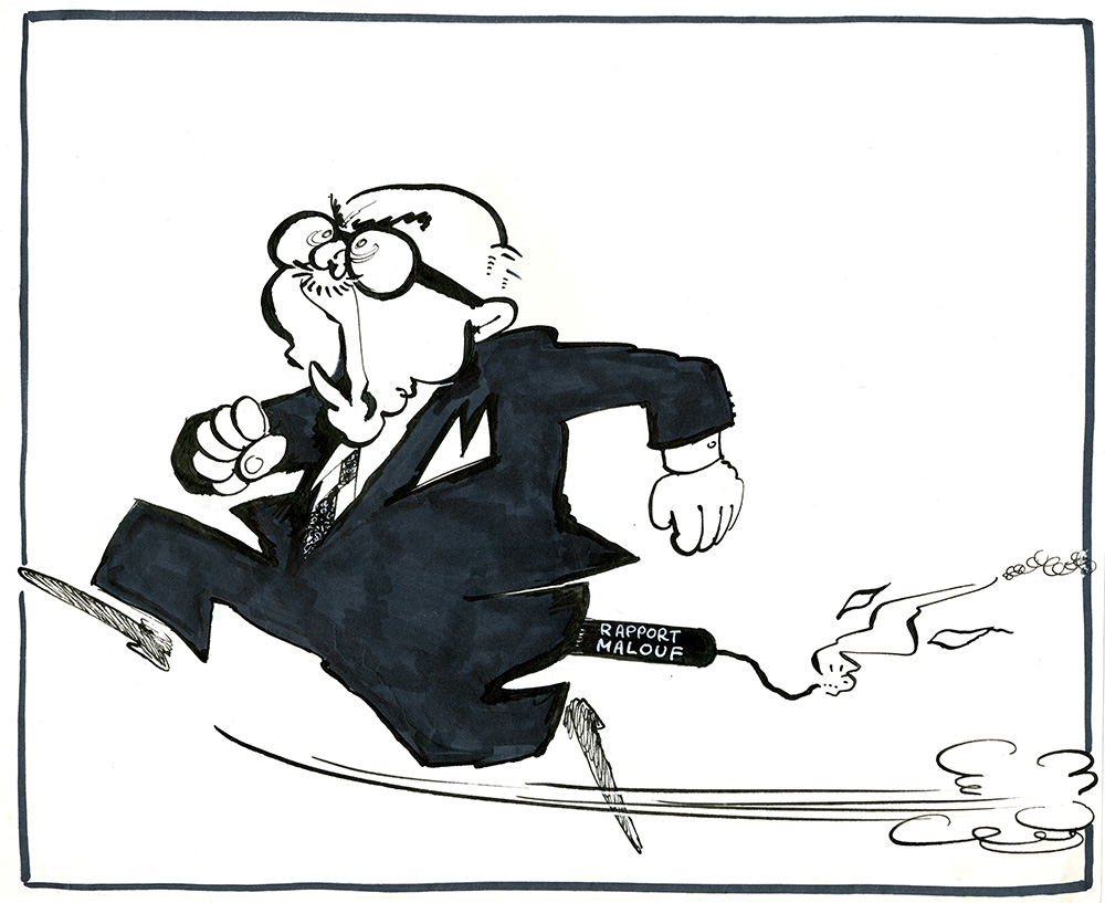 Une caricature en noir et blanc montre le maire Jean Drapeau en train de courir, un bâton de dynamite allumé aux fesses. Sur le bâton est écrit : rapport Malouf.