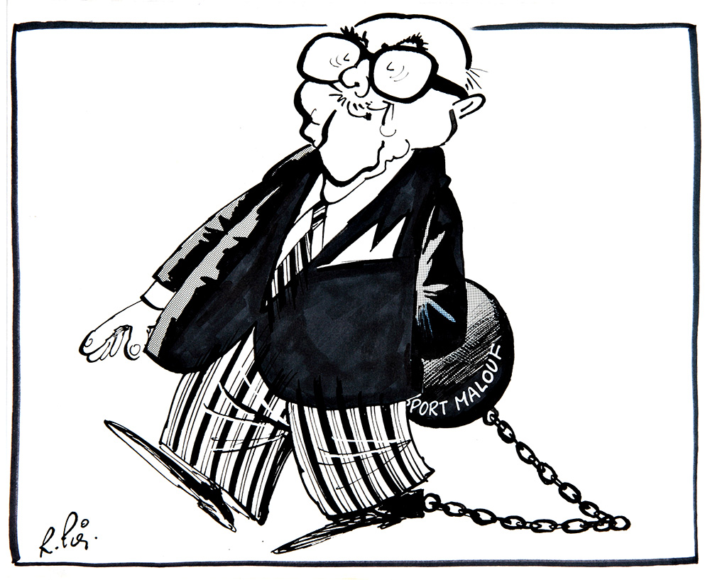Une caricature en noir et blanc montre le maire Jean Drapeau, traînant un boulet enchaîné à son pied. Sur le boulet, les dernières lettres du mot rapport sont suivies du nom Malouf.