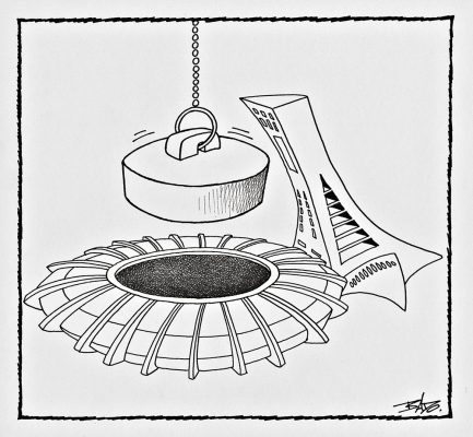 A black and white cartoon shows the Montreal Olympic Stadium. Hovering above the round opening in the roof is a giant rubber bathtub plug, hanging from a metal chain.