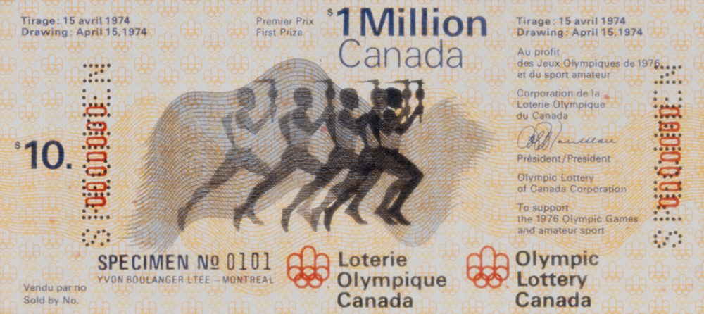 Un billet de Loterie olympique Canada, au prix de dix dollars, précise notamment son numéro de spécimen, la date du tirage fixée au 15 avril 1974 et le montant du premier prix d’un million de dollars.