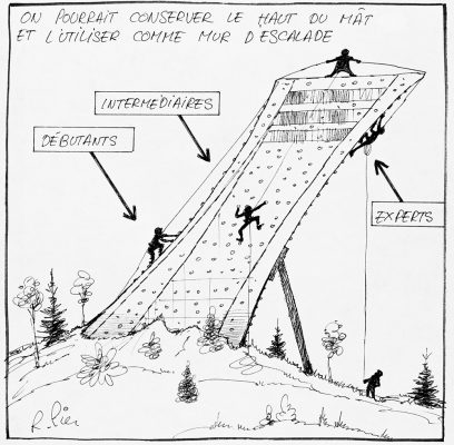 Une caricature en noir et blanc montre la tour du Stade olympique de Montréal transformé en mur d’escalade. Des personnes grimpent et une autre les assure du haut de la tour. Les mots Débutants, Intermédiaires et Experts indiquent le niveau de difficulté des voies.
