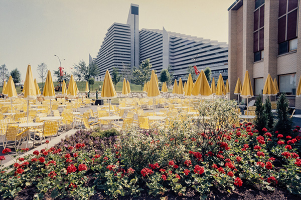 Devant l’un des immeubles pyramidaux du Village olympique de Montréal, des chaises jaunes assorties à des parasols fermés entourent de nombreuses petites tables rondes. Des géraniums rouges et des arbustes décorent les abords de cette terrasse.