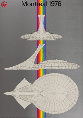 Sur une affiche au fond gris, une bande arc-en-ciel verticale s’étend au centre. Trois dessins techniques du Stade olympique s’y superposent : tour en avant, tour à gauche et plan aérien. L’inscription Montréal 1976 et le logo rouge des Jeux de Montréal figurent au sommet de l’affiche.
