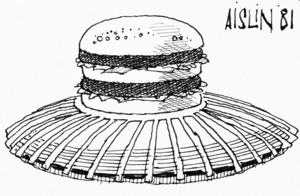 Une caricature en noir et blanc montre le Stade olympique de Montréal recouvert d’un hamburger géant. La signature de l’auteur, Aislin, et l’indication de l’année 81 accompagnent l’image.