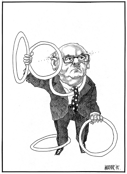 Une caricature en noir et blanc montre le maire Jean Drapeau figé, aux prises avec les cinq anneaux olympiques qui évoquent des cerceaux. Il en tient deux en l’air et s’appuie sur un troisième. Un quatrième anneau entoure son cou, tandis qu’un dernier encercle sa cheville.