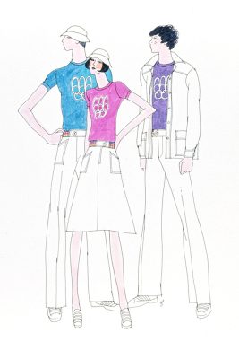 Un croquis de mode montre trois personnes en uniforme : une femme en jupe et deux hommes en pantalon, leurs tailles soulignées par un liseré arc-en-ciel. Le logo blanc des Jeux figure sur leurs t-shirts, respectivement fuchsia, violet et bleu.