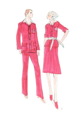 Un croquis de mode montre un homme et une femme vêtus d’uniformes rouges, à la poche brodée du logo des Jeux. Chacun porte une chemise à rayures multicolores sous sa veste. Coiffée d’un foulard assorti, la femme porte une ceinture au même motif.