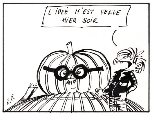 Une caricature en noir et blanc montre une citrouille géante portant les épaisses lunettes et la moustache du maire Jean Drapeau. Elle tient lieu de toit au Stade olympique. Un homme s’exclame : L’idée m’est venue hier soir.