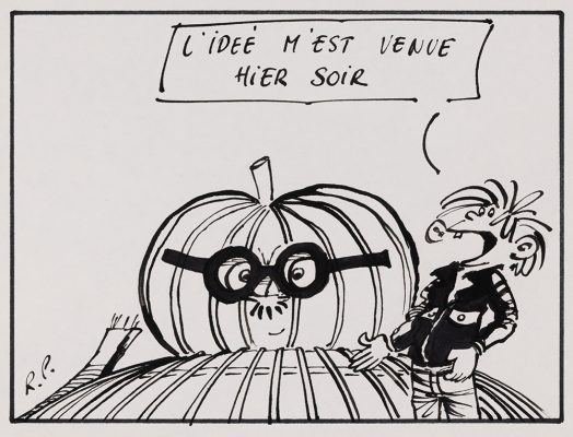 A black and white cartoon shows a giant pumpkin wearing the thick black glasses and moustache of Mayor Jean Drapeau. It is covering the round opening in the roof of the Olympic Stadium. A man in the foreground explains in French, "I got the idea last night."
