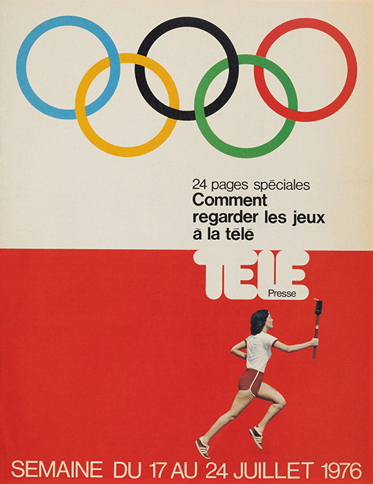 La page couverture de <em>Télé Presse</em> est illustrée des anneaux olympiques et de la photographie d’une relayeuse courant avec la torche. Elle affiche : 24 pages spéciales, Comment regarder les jeux à la télé. Elle est datée de la semaine du 17 au 24 juillet 1976.