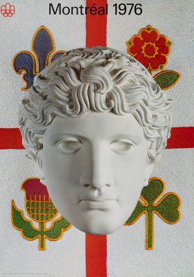 Sur une affiche, la tête d’une sculpture grecque classique se superpose aux armoiries de Montréal. Du fil doré souligne les contours de la fleur de lys, de la rose, du chardon et du trèfle. L’inscription Montréal 1976 et le logo rouge des Jeux de Montréal figurent au sommet de l’affiche.