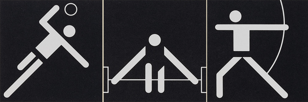 Three white pictograms against a black background represent the silhouettes of athletes engaged in various sports. From left to right: judo, weightlifting and basketball.