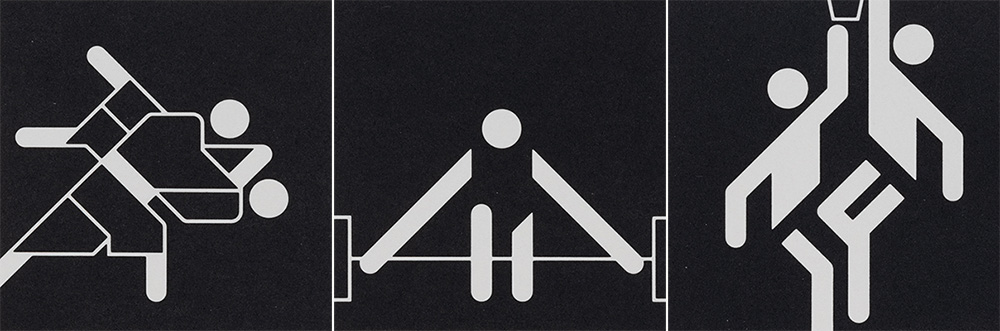 Trois pictogrammes blancs sur fond noir représentent les silhouettes d’athlètes pratiquant différents sports. De gauche à droite : le judo, l’haltérophilie et le basketball.