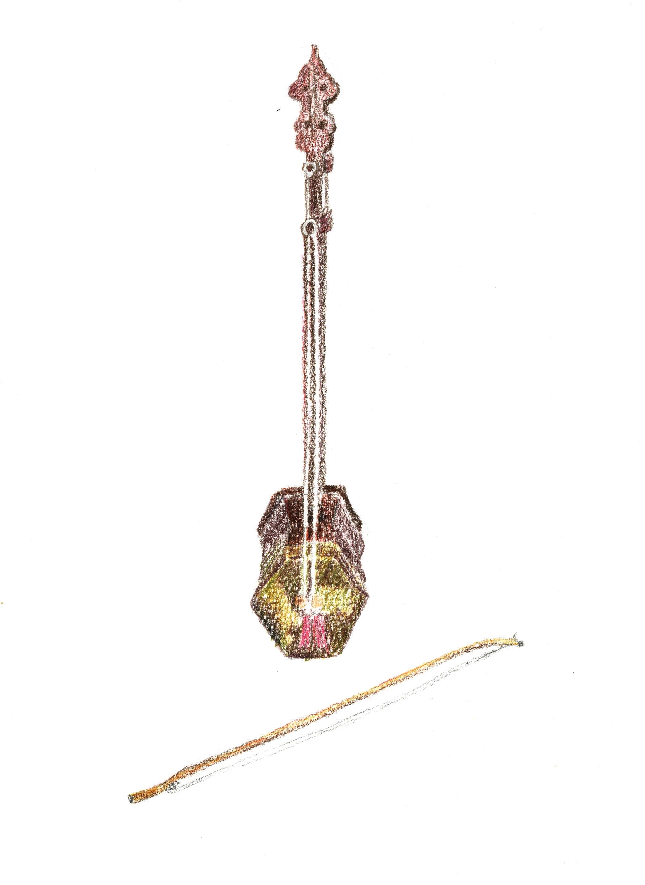 <span style="font-weight: 400;">一幅傳統二胡插圖，二胡是一種兩弦弓弦樂器，有一個細小的六角</span><span style="font-weight: 400;">型</span><span style="font-weight: 400;">音箱。</span>