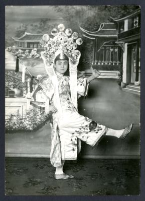 <span style="font-weight: 400;">Mudan Su, vêtue en érudit, porte une haute coiffe élaborée tandis qu’elle se tient debout devant une toile de fond représentant une ville traditionnelle avec des bâtiments chinois historiques.</span>