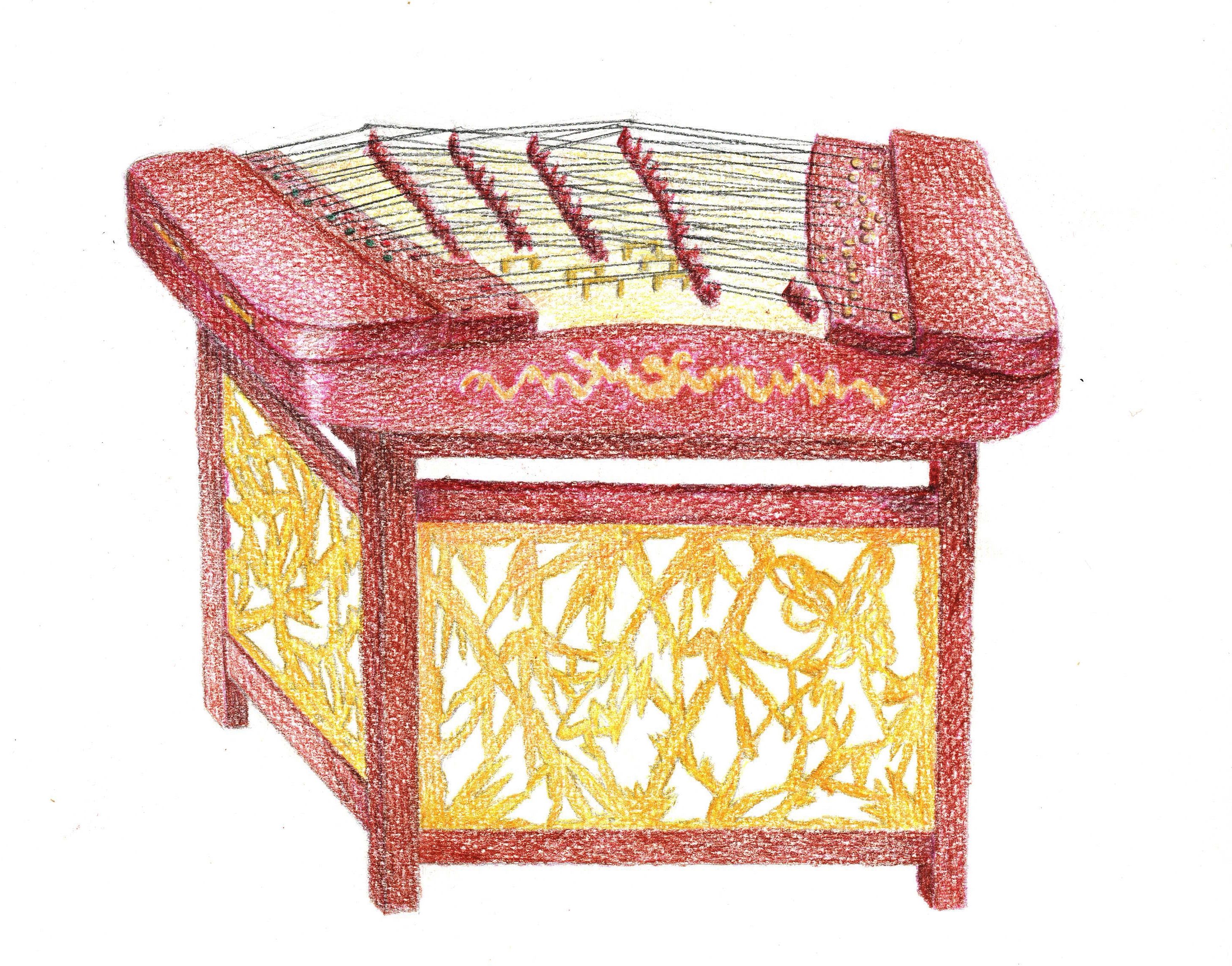 <span style="font-weight: 400;">一幅揚琴插圖。揚琴是一種梯形錘擊樂器，用細竹槌敲擊演奏。</span>